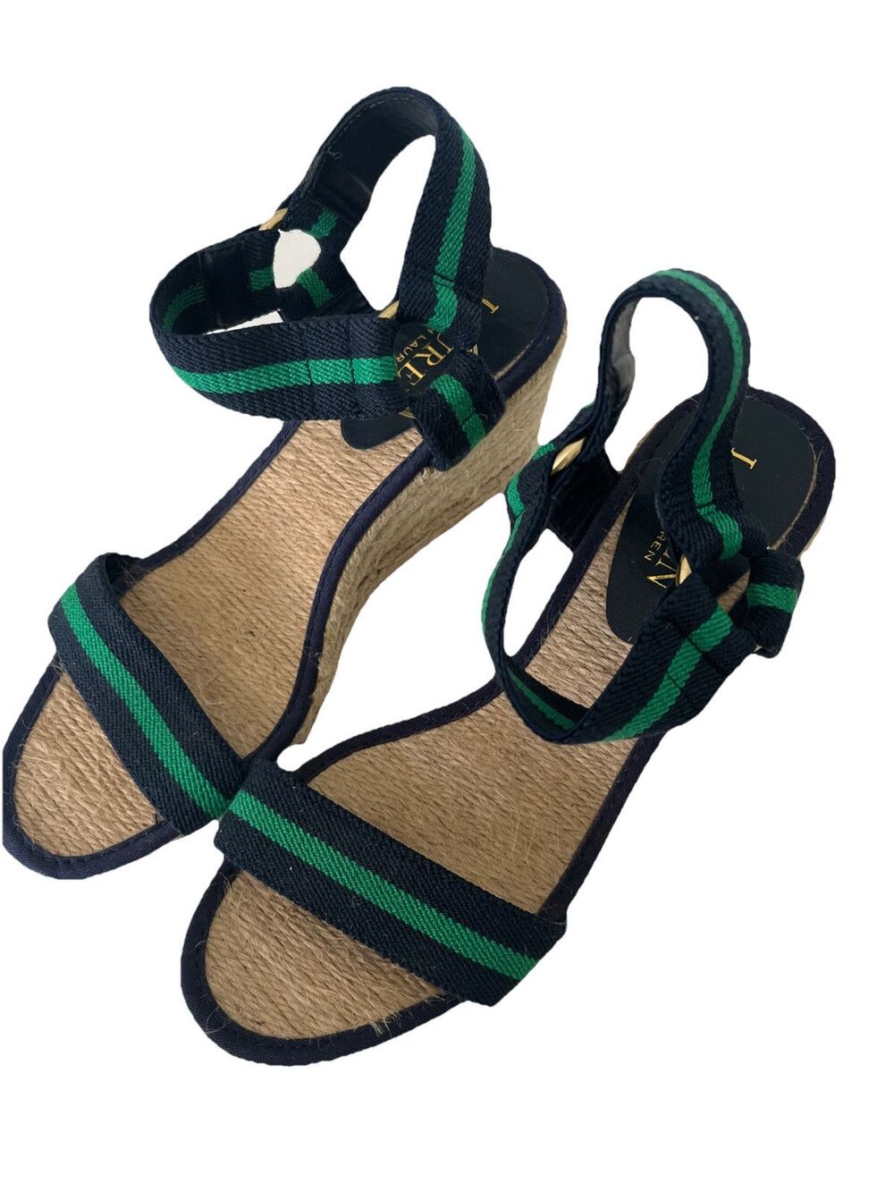 New Ralph Lauren Wedge Sandal Womens Green Blue Ilene Espadrille Ankle Strap 6B